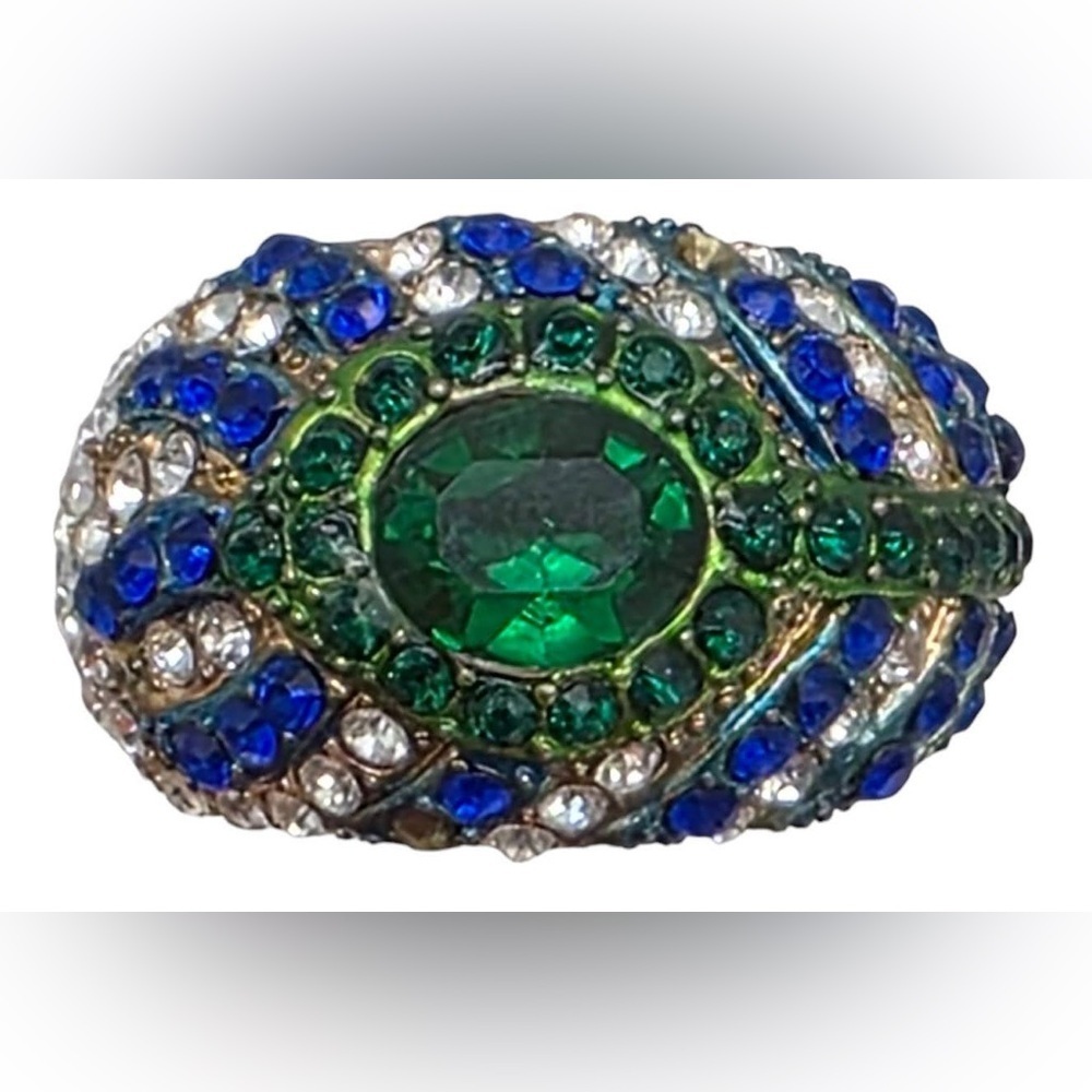 Emerald Green Crystal Statement Blue Clear Rhinestone Halo Vintage Cocktail Ring